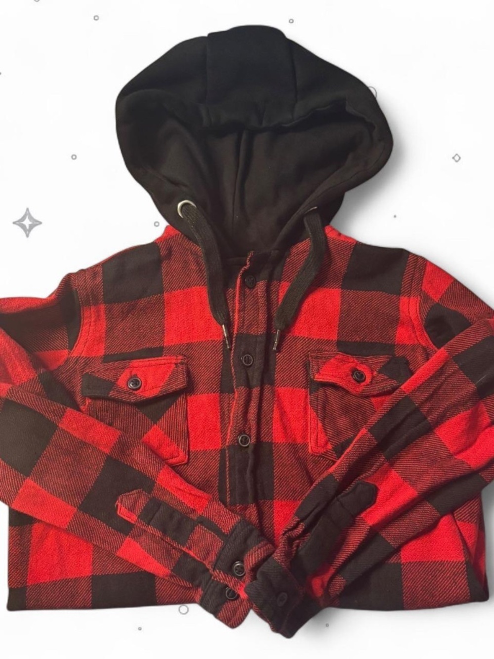 FWRD Denim Boys Size 7 Red Black Buffalo Plaid Hooded Flannel Shirt